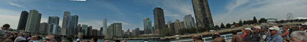 View of Chicago skyline from architectural tour boat at mouth of Chicago River