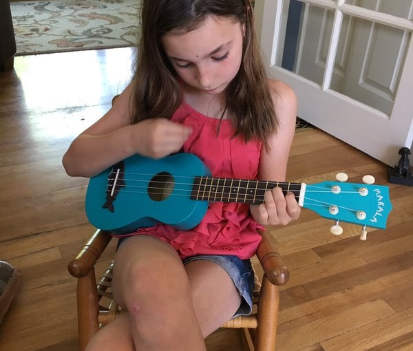 Tweet: Bug got a uke today. This one stays in tune. She’s…